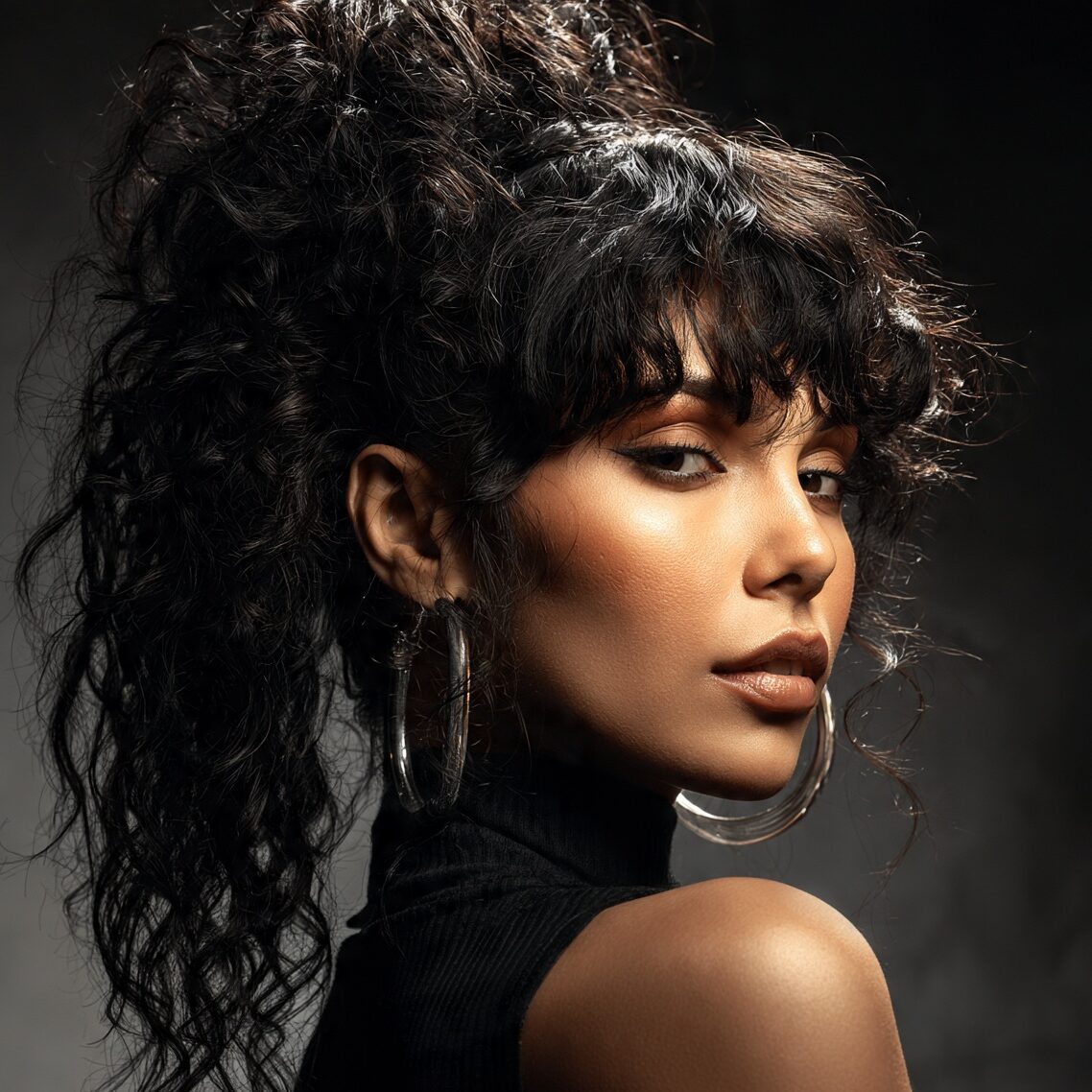 attractive female with a curly ponytail and bangs edited