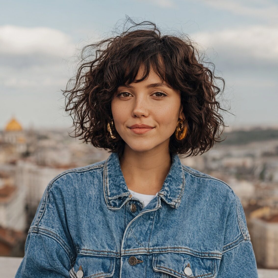 attractive female with a short curly lob hairstyle edited