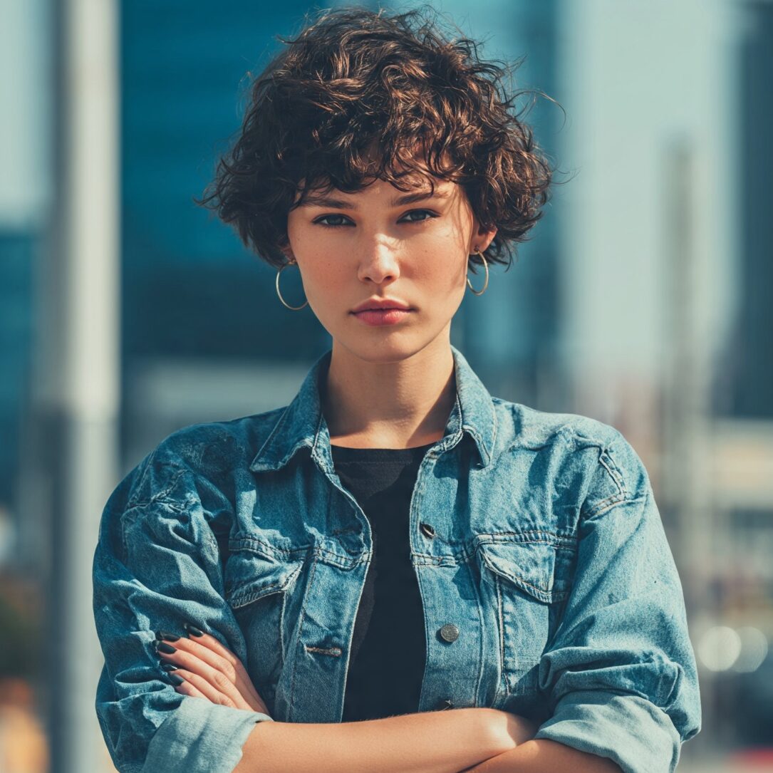 attractive female with a short curly shag hairstyl edited