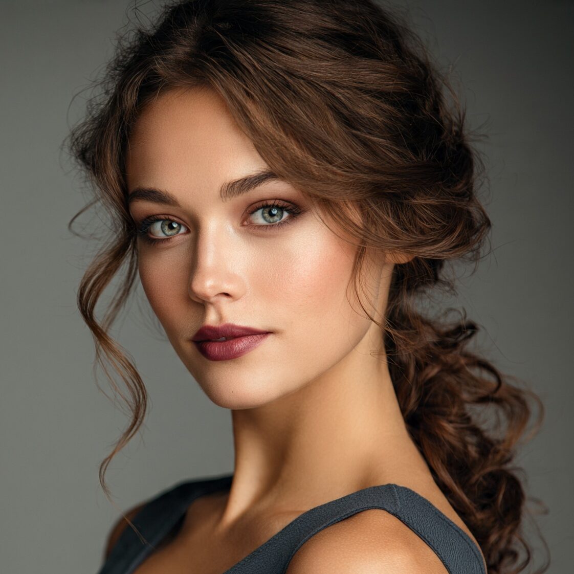 attractive female with a soft low curly ponytail h edited