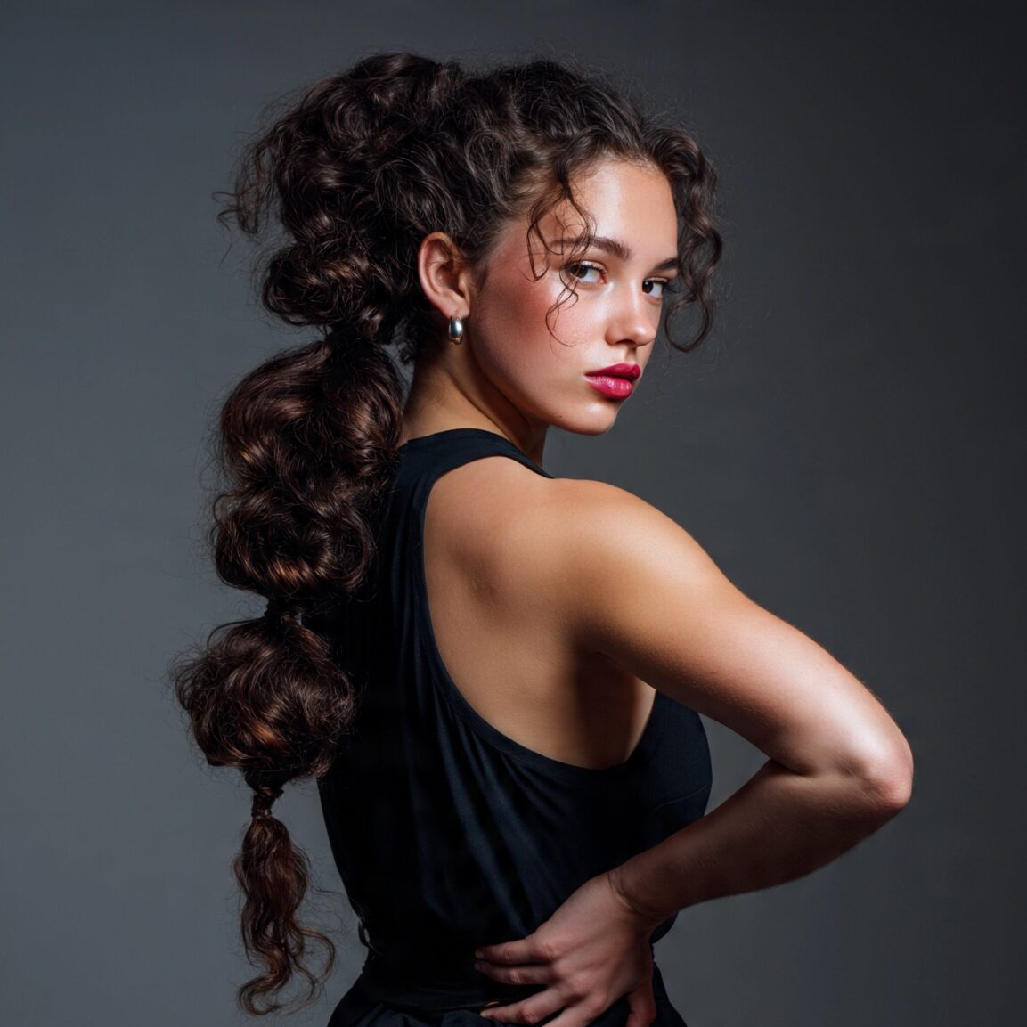attractive female with bubble curly ponytail hairs edited