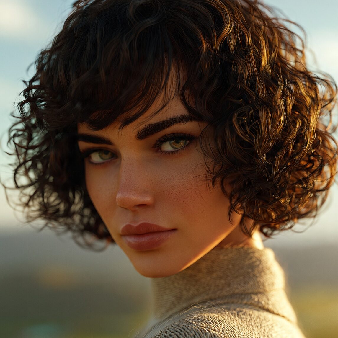 attractive female with curly bob hairstyle and ban edited