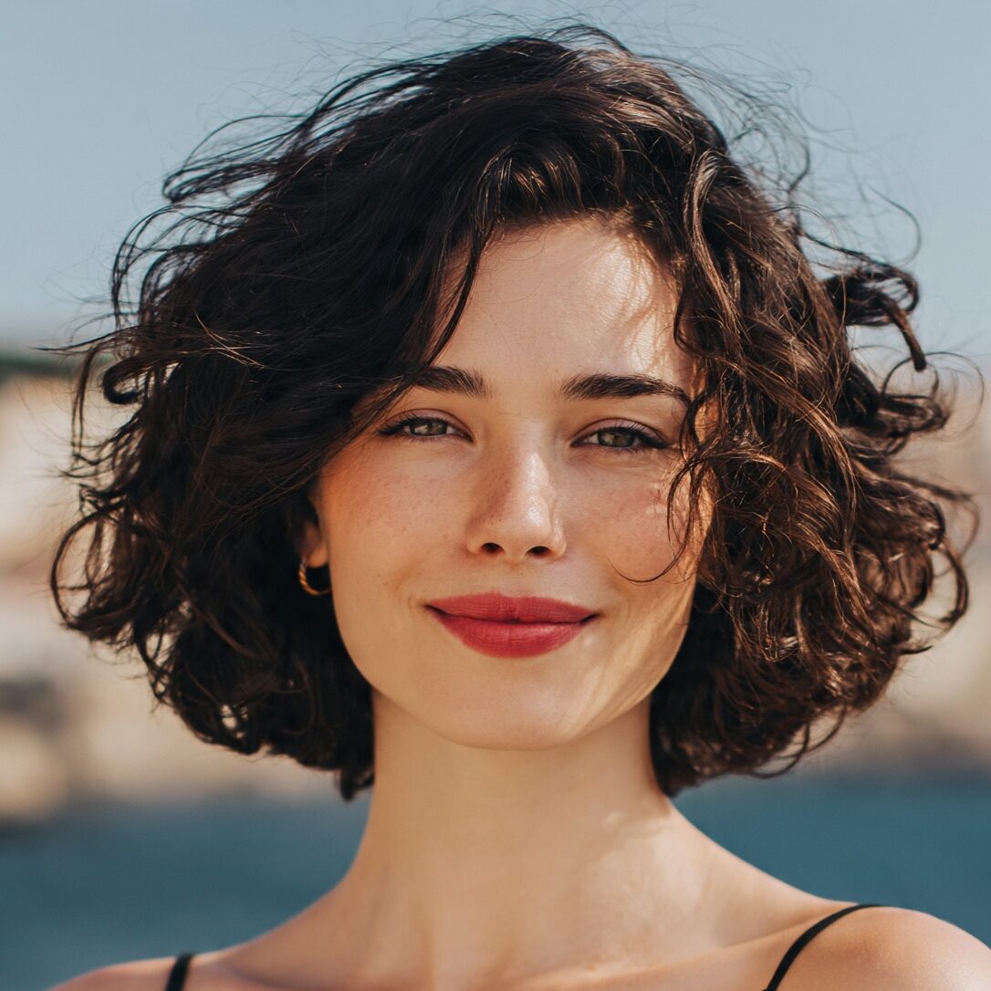 attractive female with natural curly bob hairstyle edited