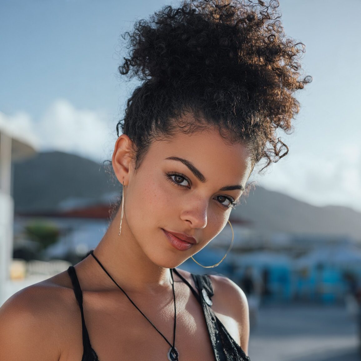 attractive female with natural curly high puff hai edited