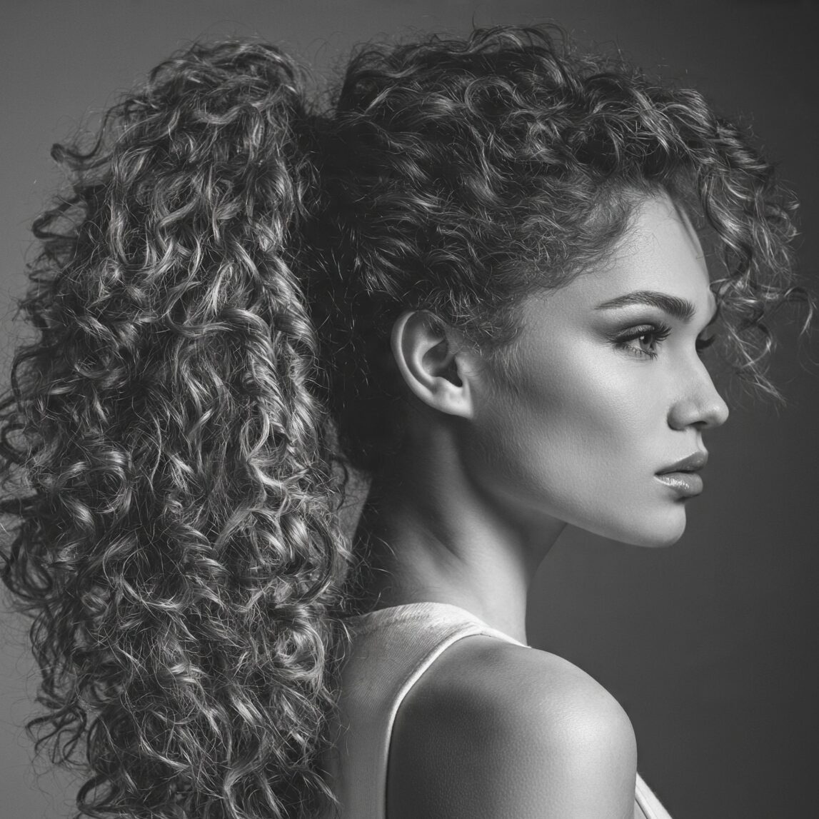 textured mid level curly ponytail hairstyle on an edited